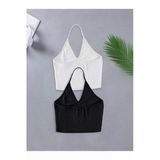 2 Li Paket U Yaka Siyah Beyaz Renk Desensiz Fitilli Kolsuz Askılı Likralı Fit Crop Top Bluz