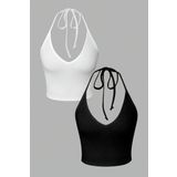 2 Li Paket V Yaka Siyah Beyaz Renk Desensiz Fitilli Kolsuz Boyun Askılı Likralı Fit Crop Top Bluz