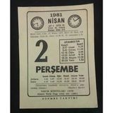 2 Nisan 1981 Perşembe Sönmez Takvimi Yaprağı (Sahafiye Kitap)