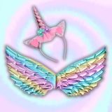 2 Parça Set Takım Kanat Unicorn Taç Peri Pembe Parlak Parti Kostüm Aksesuar Etkinlik Kız Çocuk