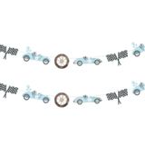 2 Parça Vintage Yarış Arabası Çelenkleri - Mavi Vintage Yarış Arabası Doğum Günü Partisi Malzemeleri Erkek Çocuklar için Ön Strung Yarış Arabası Afişi, Let's Go Racing Damalı Bayrak Parti Malzemeleri