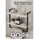 2 Raflı Beyaz Banyo Rafı | Beyaz Profil | Havluluk | 50X20 Ebatında Ahşap