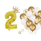 2 Rakam Gold Folyo Balon, Kral Tacı Ve Konfetili Gold Balon