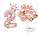 2 Rakam Rose Gold Folyo Balon, Kral Tacı Ve Konfetili Rose Gold Balon