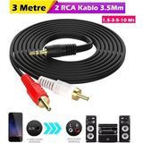 2 Rca Aux 3.5 mm To 2rca Stereo Lale Aux Ses Kablosu (3 Metre) - Gold Uç, Kalite