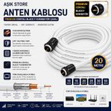 20 Metre Premium Anten Kablosu %100 Bakır İç İletken Contalı Black F Konnektör Çakılı Koaksiyel Tv Uydu Kablosu