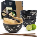 20 Parça Ramen Kase Seti,4 Kişilik, 600 ml Seramik Kase, Bambu Kapak, Kaşık ve Çubuklar - Siyah