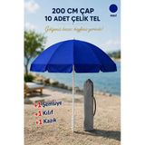 200 Çap/ 10 Çelik Tel Mavi Plaj Şemsiyesi + Kazık + Kılıf, Sahil Paketi