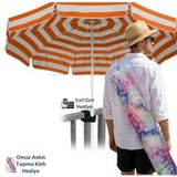 200 cm Plaj Şemsiyesi Turuncu Beyaz - Paslanmaya Dayanıklı Fiberglass İskeletli, Taşıma Kılıflı ve Askı Aparatlı - Balkon/Kamp Sandalyesi İçin Cırt Cırt Hediyeli Deniz Şemsiyesi (TURUNCU-)