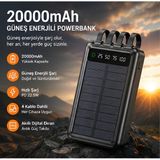 20000MAH Güneş Enerjili Powerbank 22.5W Pd Hızlı Şarj, 4 Dahili Kablo, Dijital LED Ekran, Güneş Paneli, Lightning Type-C Micro USB ve USB Çıkışlı, Telefon Tablet Kamp Seyahat Taşınabilir Şarj Cihazı - Siyah