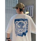 20/1 Penye Compack Bisiklet Yaka Kore Tarzı Sevimli Ayı Baskı Kısa Kol T-Shirt - Beyaz - 2XL