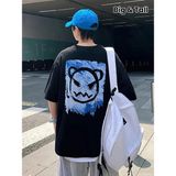 20/1 Penye Compack Bisiklet Yaka Kore Tarzı Sevimli Ayı Baskı Kısa Kol T-Shirt - Siyah