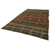 201x342 cm Çizgili Kilim Siyah Çizgili Yün El Dokuma Modern Geometrik Etnik Eskitme Desenli Boho Oturma Odası Salon Yolluk Koridor Mutfak Halısı
