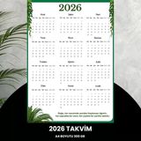 2026 A4 Takvim - Yeşil Yaprak, 300 Gr Dijital Baskı