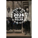 2026 Yeni Yıl Vitrin Süslemesi, Mutlu Yıllar Yazısı ve Taç Desenli Kendinden Yapışkanlı Folyo Sticker, Duvar ve Vitrin Dekorasyonu için (70 Cm)