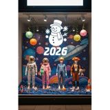2026 Yılbaşı Vitrin Dekorasyonu, Kardan Adam Temalı Cam Sticker, Kendinden Yapışkanlı Folyo, Özel Kesimli, Çok Parçalı Duvar ve Vitrin Süsleme Seti (34x50)