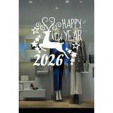 2026 Yılbaşı Vitrin Sticker, Geyik ve Happy New Year Temalı, Kendinden Yapışkanlı Folyo Cam Süslemesi, Yıldızlı Dekoratif Duvar Çıkartması (50 Cm)