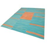 207x285 cm Degrade Kilim Turkuaz Çizgili Yün El Dokuma Modern Geometrik Etnik Eskitme Desenli Boho Oturma Odası Salon Yolluk Koridor Mutfak Halısı