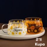 2089 2li Borosilikat Isıya Ateşe Dayanıklı Cam Kulplu Çay Bardağı Kahve Bardak Kupa Sarı 400 ml