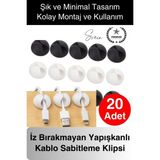 20'li Iz Bırakmaz Siyah Beyaz Kablo Sabitleme Klipsi Çalışma Masası Düzenleyici Ev Oda Ofis Pratik