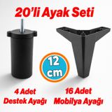 20'Li Set Mobilya Tv Ünitesi Çekyat Koltuk Kanepe Destek Ayağı 12 Cm Siyah Baza Ayakları M8 İnce Diş
