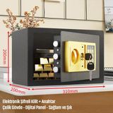 20'Lik Elektronik Şifreli Ve Anahtarlı Çelik Para Kasası – Dijital Panelli, 31 × 20 × 20 Cm