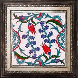 20X20 cm Çini Panoda Çiçek Deseni, Iznik Dönence, Beyaz Renk, Dekoratif ve Şık Tasarım - Ahşap - Beyaz - Seçenek 1