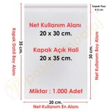 20x30+5 cm.(20x35) 1.000 Adet Şeffaf Bantlı Yapışkanlı Jelatin Poşet