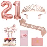 21. Doğum Günü Süslemeleri ZJDZTK için, Gül Altın 21. Doğum Günü Kuşağı, Taç, Pasta Üstü, Dijital Mumlar, Balon Seti, Eşlik Eden Doğum Günü Kartı ve Güzel Hediye Kutusu Dahil