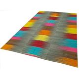 210x339 cm Degrade Kilim Sarı Çizgili Yün El Dokuma Modern Geometrik Etnik Eskitme Desenli Boho Oturma Odası Salon Yolluk Koridor Mutfak Halısı