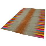 211x316 cm Degrade Kilim Turuncu Çizgili Yün El Dokuma Modern Geometrik Etnik Eskitme Desenli Boho Oturma Odası Salon Yolluk Koridor Mutfak Halısı