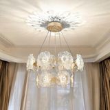 212 Aydınlatma 125 W 2 Katlı Gold Çiçek Desenli Kristal Taşlı Modern Salon LED Sarkıt Avize - Altın