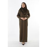 2133_Tek Parça Kaymaz Başörtülü Namaz Tesettür Elbisesi Boneye Son, 00410 Haki, 2XL/3XL