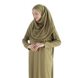 2133_Tek Parça Kaymaz Başörtülü Namaz Tesettür Elbisesi Boneye Son, 00437 Yağ Yeşili, 2XL/3XL