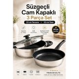 22 Cm Seramik İç Yüzeyli Çelik Tencere Tava Seti, Süzgeçli Cam Kapaklı 3 Parça, Tüm Ocak Uyumlu Gümüş