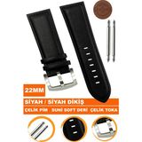 22 mm Fossil-Welder-Casio-Seiko-Omega-Armani Saat Uyumlu Deri Saat Kordonu Kayışı AL11SOFT22 mm - Siyah - Siyah