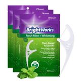 225 adet Brightworks taze nane + bitki bazlı saplı beyazlatıcı diş diş ipi, yetişkinler için süper güçlü diş ipi ve mikro kristalli nane aromalı ip, 75 adet (3'lü paket)