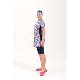 2260_KADIN 4'lü Takım Yarı Kapalı Boneli Büstiyerli Deniz/havuz Tesettür Mayosu - Lacivert - Pembe - 38
