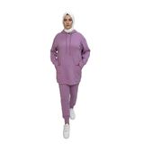 2273_Tesettür Kapüşonlu Eşofman Takımı - 3 İplik, Cepli, Oversize Rahat Kesim, Mevsimlik Spor Takım, 00457 Lila, 38