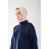 2296_KadınTaş Baskılı Yırtmaçlı Dik Yakalı Tunik, 00400 Lacivert, 36