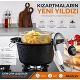 22cm 3 parça Granit Döküm Fritöz Tenceresi-Pyrex Cam Kapak ve Silikon Tutacaklı Kızartma Tenceresi