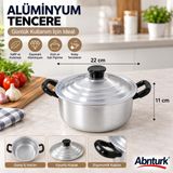 22cm Eloksallı Kararmaz Alüminyum Tenceresi- 3,5lt Derin Çift Kulplu Yemek Salça Aşure Kavurma Sos Tenceresi