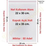 22x30+5 cm.(22x35) 50 Adet Şeffaf Bantlı Yapışkanlı Jelatin Poşet