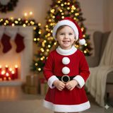 2–3 Yaş Kız Çocuk Noel Baba Kostümü – Şapkalı Ve Kemerli Yılbaşı Elbise Seti