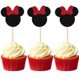 24 ADET Siyah ve Kırmızı Fareden İlham Alan Fiyonklu Cupcake Süsleri Simli Mini Cupcake Kürdanları Bebek Partisi Düğün Çocuklar Doğum Günü Partisi Malzemeleri için Dekorasyonlar
