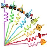 24 İnşaat Partisi Hediyeleri Pipetler, İnşaat Doğum Günü Partisi Malzemeleri, Ekskavatör Buldozer Blender Kamyon İnşaat Teması Doğum Günü Partisi Malzemeleri 2 Temizleme Fırçalı