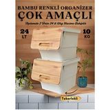 24 Lt Bambu Renk Tekerlekli Çok Amaçlı Saklama Kutusu 2 Parça Plastik Malzeme ile Üst Üste Koyulabilir - Bej