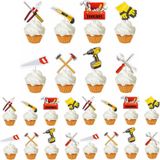 24 Paket Aletler Temalı Cupcake Süsleri Kek Süslemeleri Tamirci Alet Kutusu Pense Çekiç Tornavida Matkap Anahtarı El Testeresi Cupcake Penaları Erkek Erkek Mekanik Tema Doğum Günü Partisi Malzemeleri