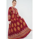 2423 Otantik Desenli Tesettür Elbise - E. Bordo - 44