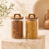 2450 ML Zahire Kavanozu 2’li Set, Ahşap Kapaklı Kulplu Cam Erzak Saklama Kabı, Bakliyat Makarna Kahve Kuruyemiş Saklama Kavanozu, Ribbed Cam Mutfak Düzenleyici Kavanoz Seti